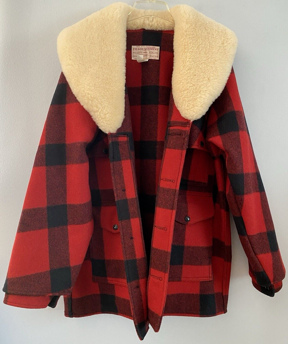 Vintage CC Filson Mackinaw Packer Plaid Wool Coat Jacket Sherling