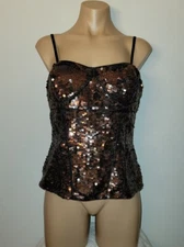 Cache Luxe Retro Medium Full Sequin Gold Copper Corset Style Chic Blouse Top