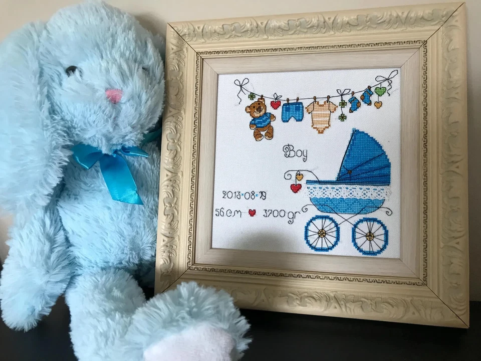Kit de punto de cruz contado RIOLIS 1418 ¡Es un niño! Kit de bordado con cochecito Foto 3 de 4