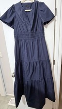 Quince 100% Organic Cotton Poplin Tiered Maxi Dress Navy Blue Size L