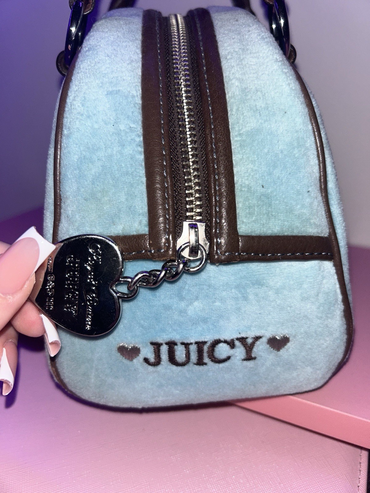 RARE Vintage Juicy Couture Velour Bowler Bag Purse Handbag Blue Brown Y2K 2000s image 5