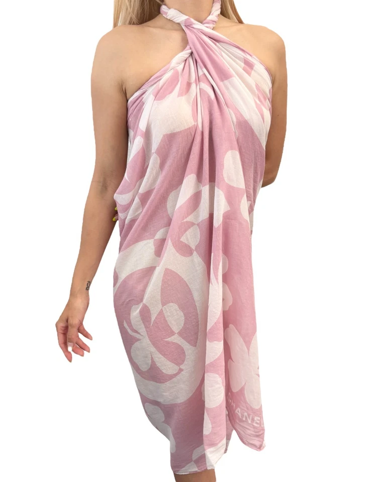 CHANEL Vintage CC Mark Logo Scarf Wrap Shawl Pink White Cotton See-through - Image 2 of 4