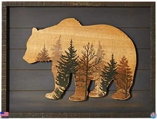 Cute Bear Forest Wall Art Print, Wood Framed Cabin Decor, 16"x12", Grey