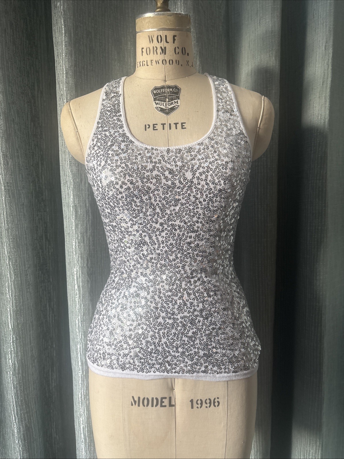 Ladies White Silver Sequin Racerback Tank Top Fits Like An XS