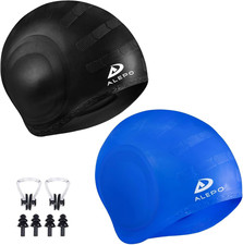 2 Pack Unisex Swim Caps with 3D Ear Protection, Durable Flexible Silicone Swimmi