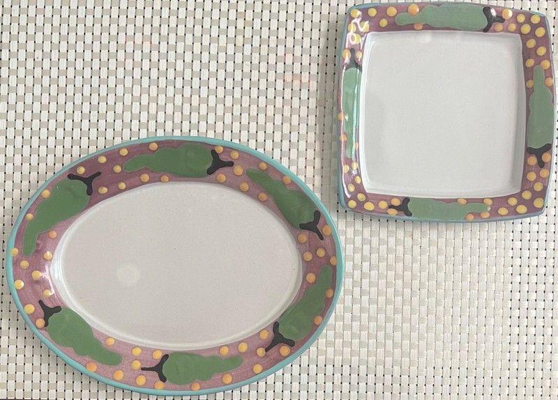 Stephen Kilborn Pottery Green Chile Small 6.75' Square Plate/8” Oval Plate, EUC