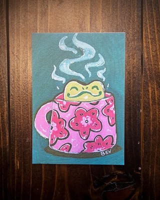 ACEO Original Acrylic Painting PRINT Frog in a Mug Sky Mini Art Card