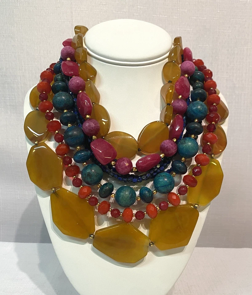 JOSE & MARIA BARRERA Statement Multi-Strand Necklace Turquoise & Coral Rare 15" - Imagem 2 de 4