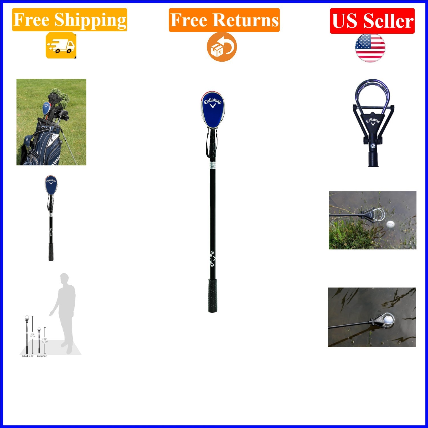 Callaway Black 15ft Telescopic Golf Ball Retriever with Dual-Zip