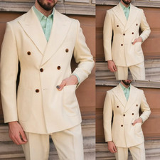 Double-Breasted Men's Suits Luxury Business Peak Lapel Ivory Solid 2Pcs Jacket