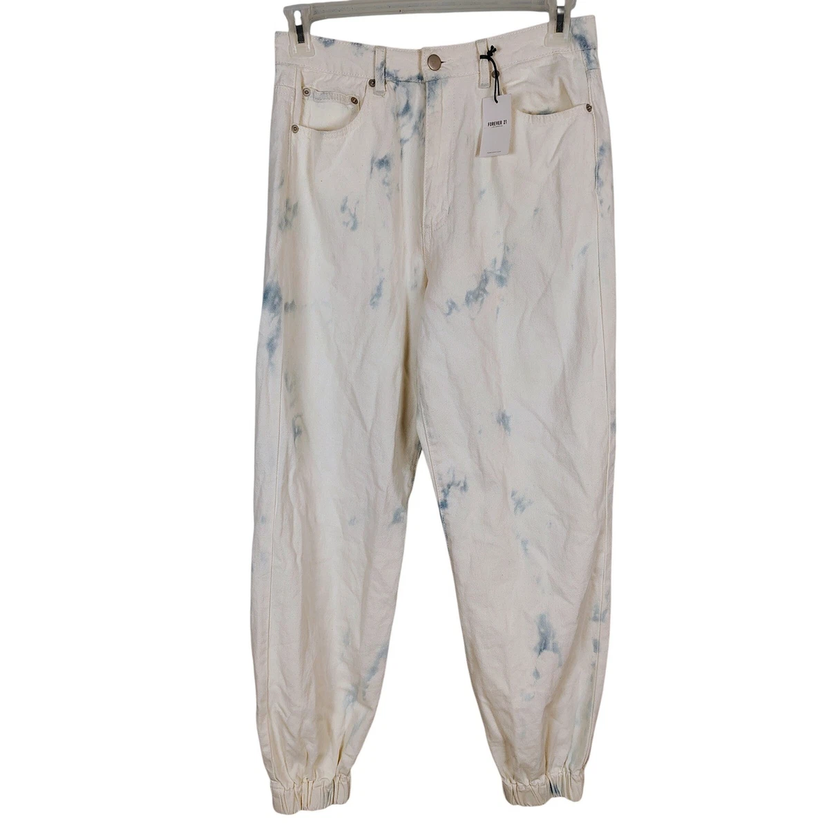 Pantalones de chándal Forever 21 para mujer Tie Dye Denim azul crema tiro alto talla 28 nuevos con etiquetas