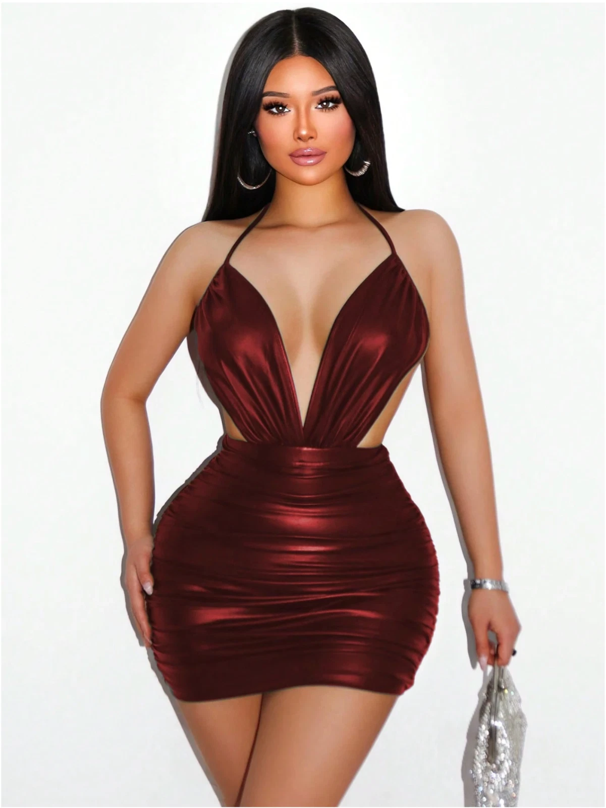 Women's V-Neck Halter Backless Tie Waist Simple Slim Faux Leather Pleated Dress