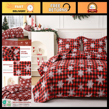 Christmas Quilt Set Full/Queen - Red Buffalo Plaid Snowflakes, 3-Piece Microfibe