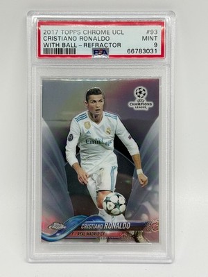 2017 TOPPS CHROME UCL #93 CRISTIANO RONALDO WITH BALL-REFRACTOR PSA 9 MINT