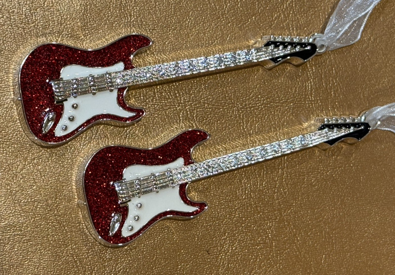 2 HARVEY LEWIS Guitar Ornament Silver White Enamel Red Sparkling Epoxy Swarovski