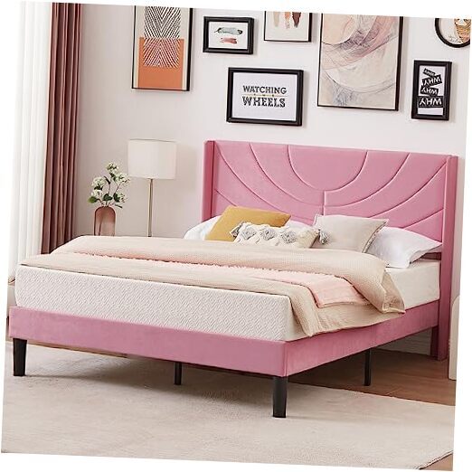 Queen Size Upholstered Platform Bed Frame with Fabric Headboard,Wooden Slats