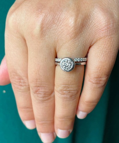 14k White Gold Round Cut Diamond Engagement Ring Bezel Ring And Band 1.10ctw - 第 12/12 張圖片
