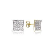 10K Solid Yellow White Gold CZ Kite Square Stud Earrings Cubic Cluster Men Women