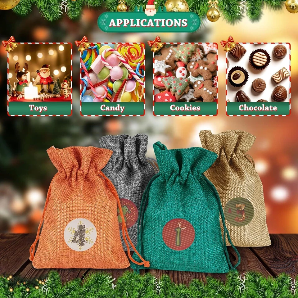 24 Pcs Christmas Advent Calendar Bags Wooden Small Burlap Bags Hanging Gift Bag - Image 4 of 4