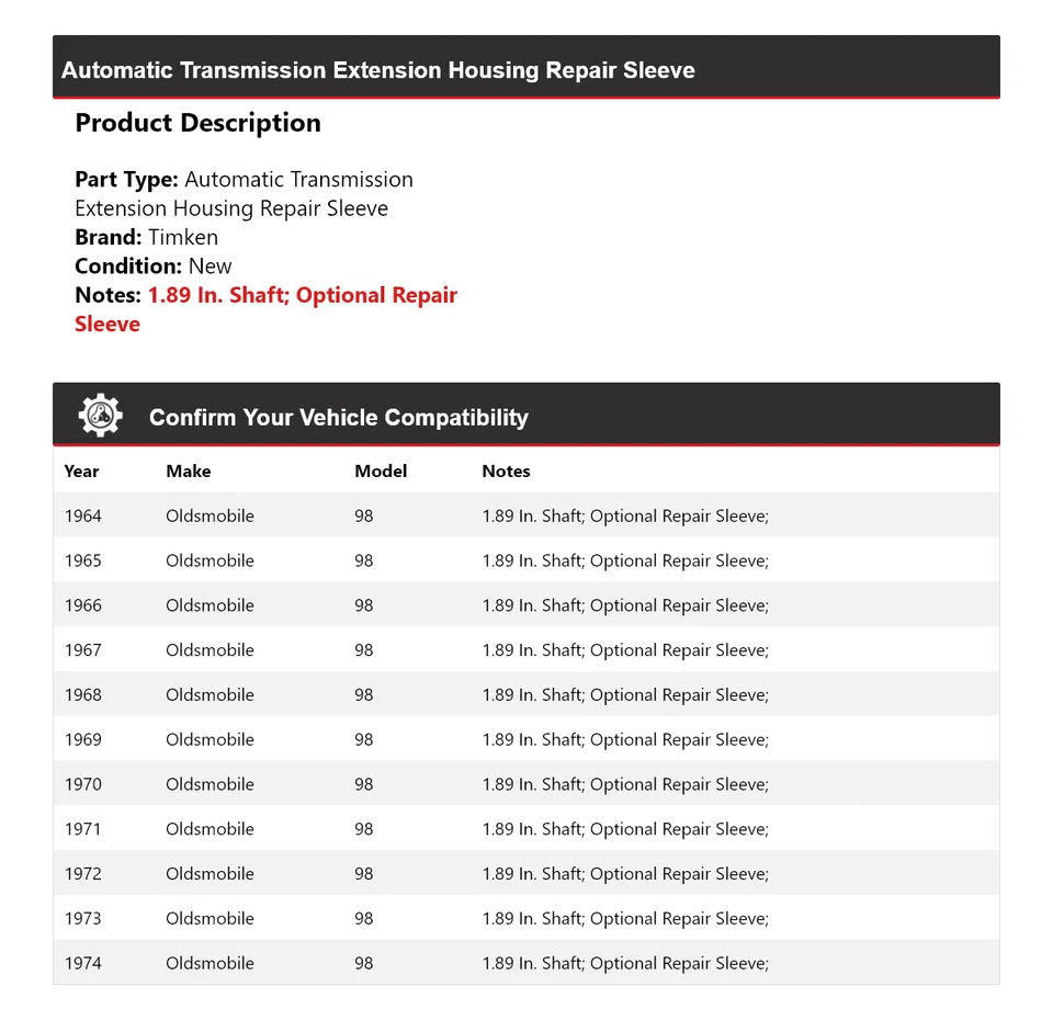 Funda de reparación de carcasa de extensión de transmisión automática Oldsmobile 98 1964-1974 Timken Foto 2 de 4