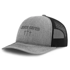 Richardson 112 Trucker Hat Jesus Saves Gray Polyester Snapback Baseball Cap