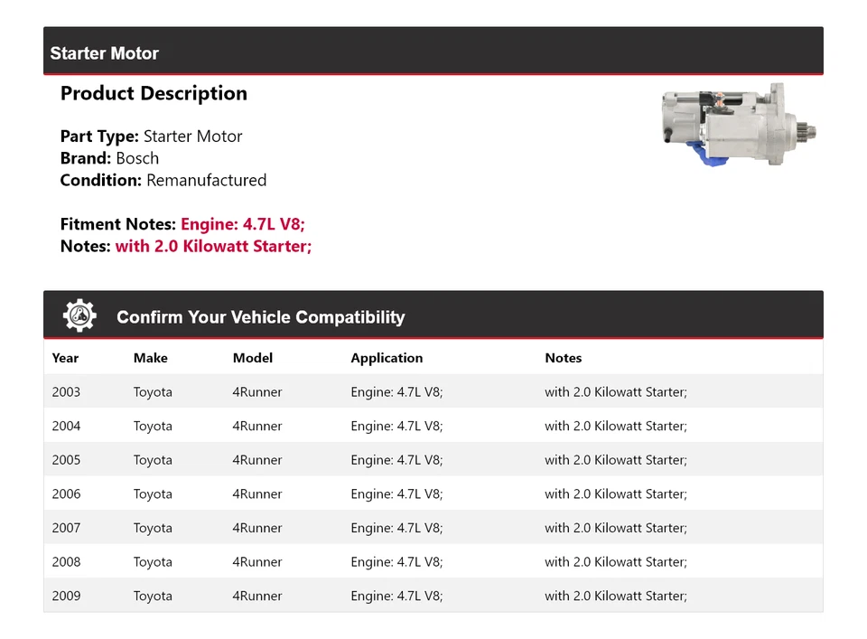 Arranque Bosch 4Runner 2003-2009 4,7 L V8 (remanufacturado) 2004 2005 Foto 2 de 4