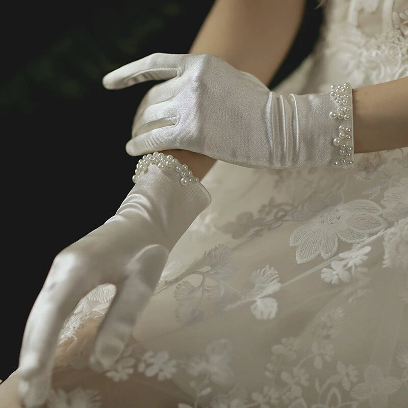 Bride Short Wedding Gloves Satin Full Finger Wrist Length Prom
