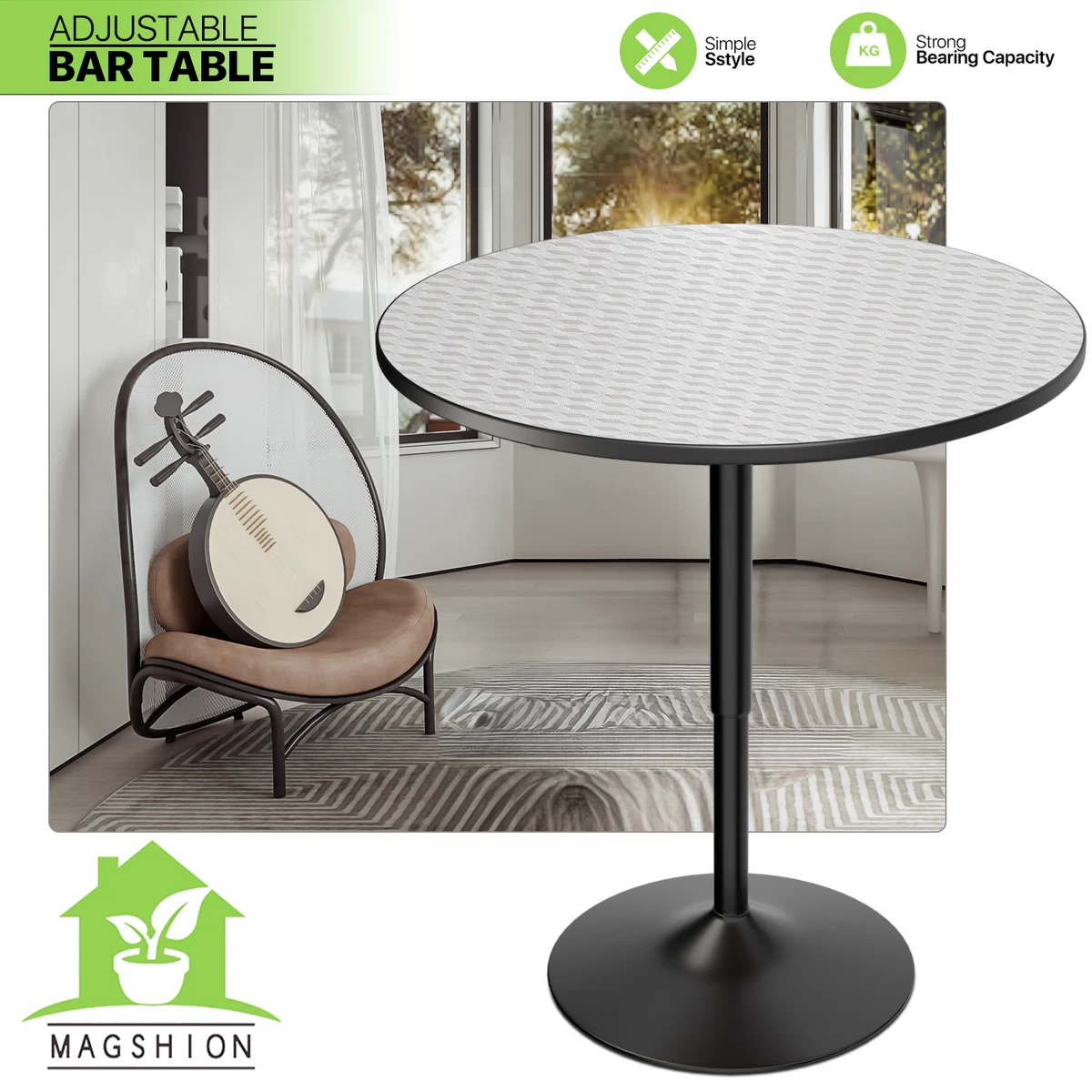 Adjustable Height Bar Table Sliver Wood Round Tabletop Chrome Base