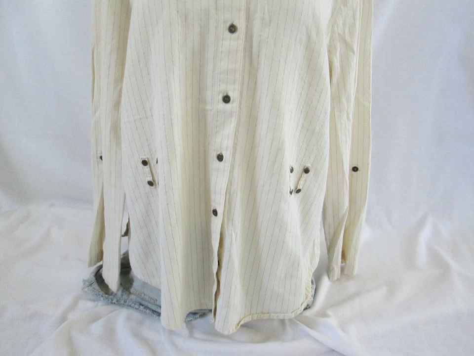 PRIMERA EDICIÓN L ALGODÓN/LINO HILO MARFIL RAYAS BOTÓN CINTURÓN DELANTERO ARO BLUSA Foto 3 de 4