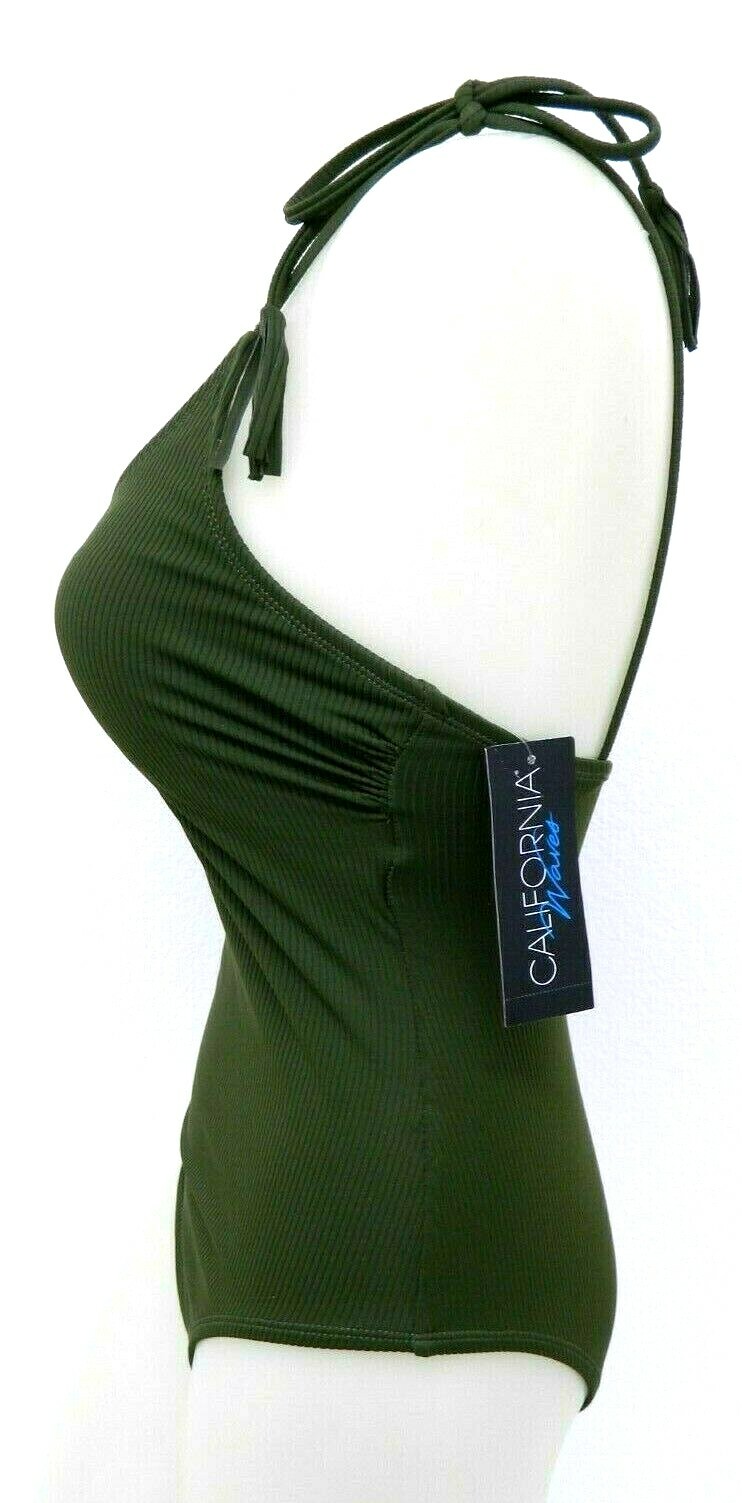 California Waves Junior Solid Moss Green Ribbed 1-Piece Swimsuit NWT Large