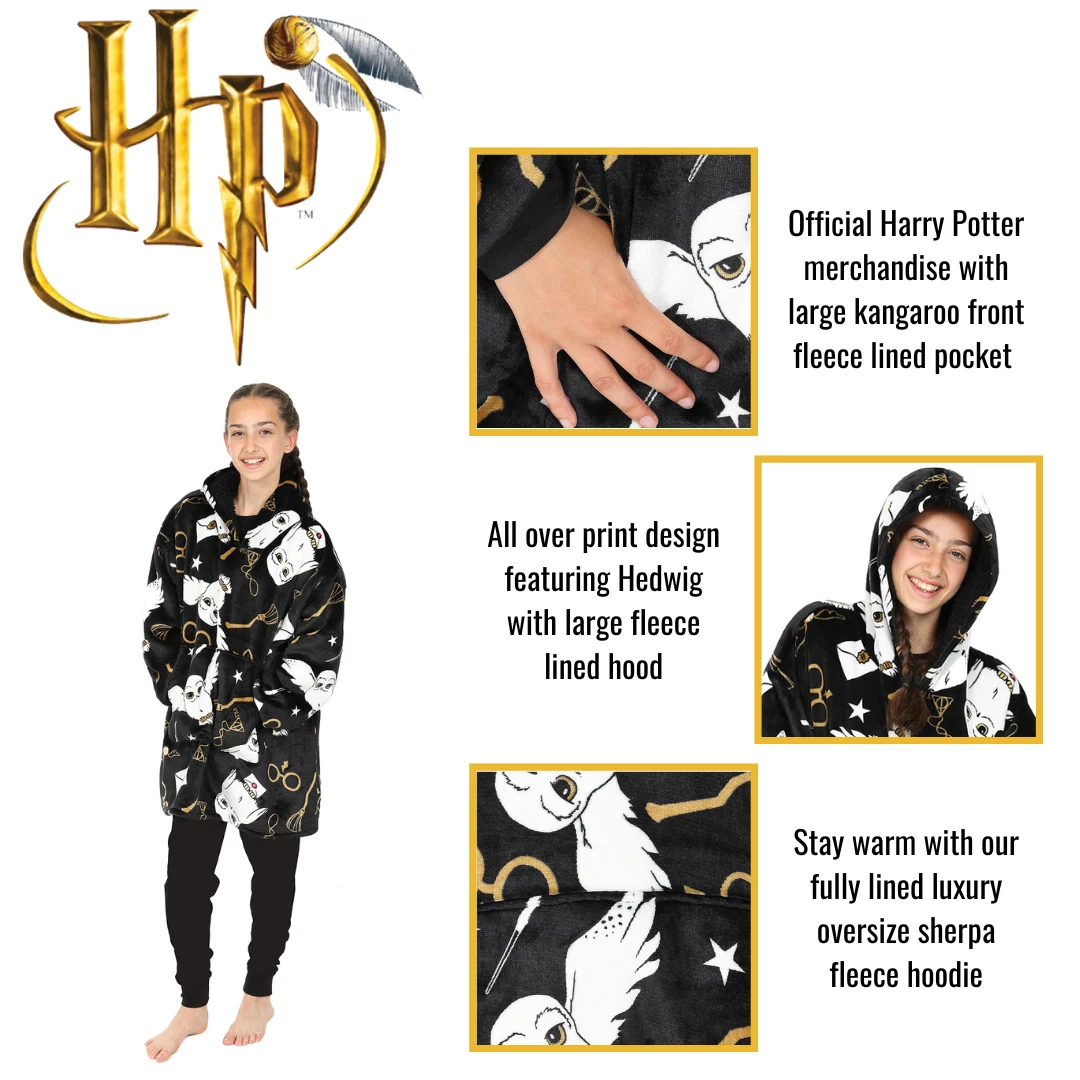 Harry Potter Hedwig Girls Black Oversized Blanket Hoodie
