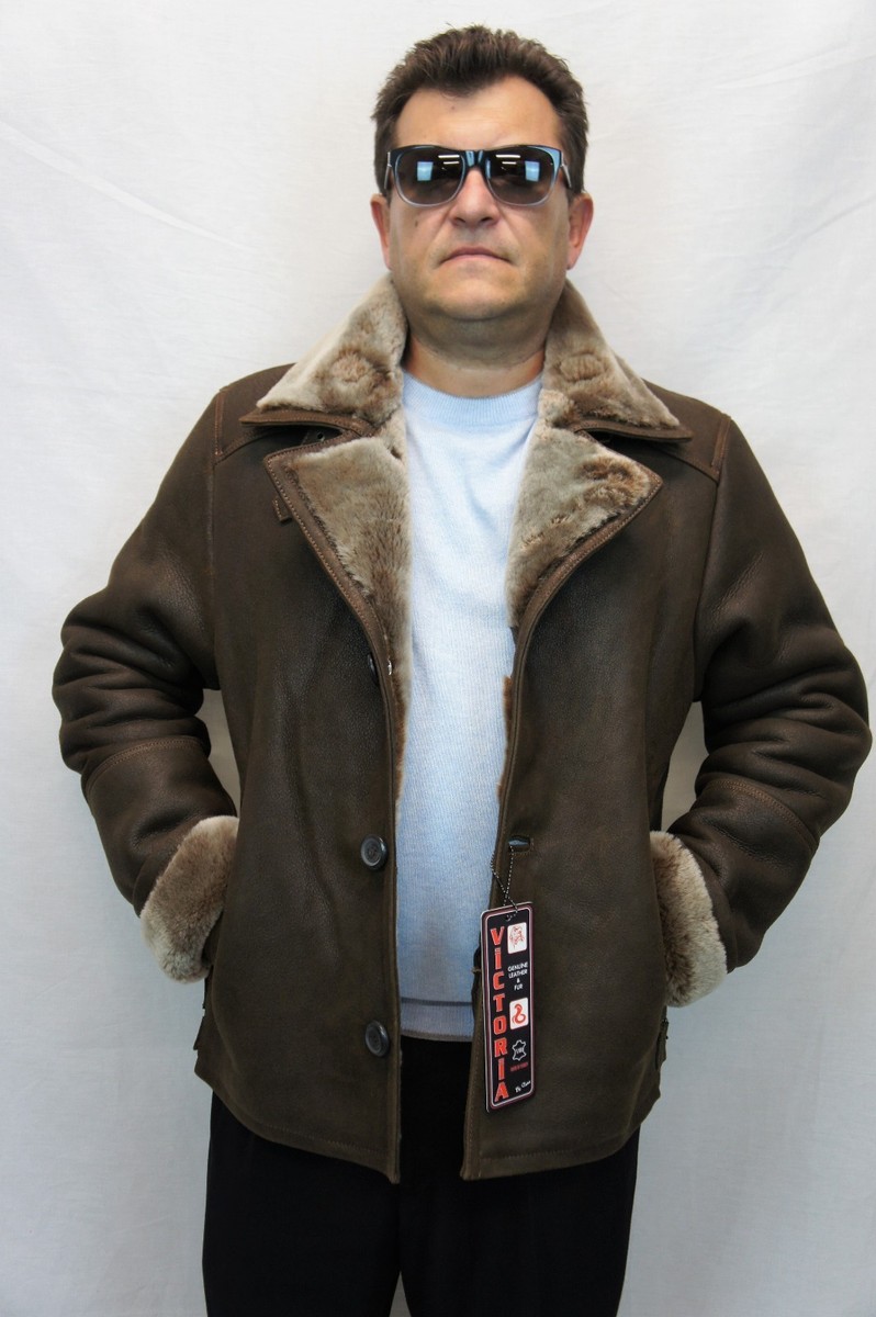 Mens 100% Genuine Shearling Leather Car Coat Bomber Jacket S-5XL,