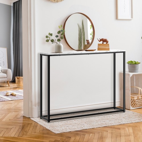 Oikiture Console Table Marble-look Iron Hallway Desk Entry Display Black&White - Picture 2 of 10