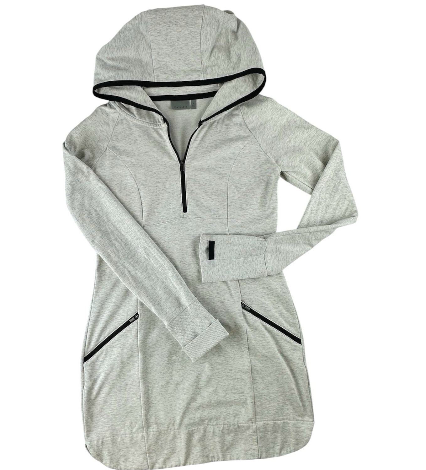 ATHLETA Hooded 1/3 Zip Long Tunic Dress Women's SMALL Stretch Gray LUXE Pockets!