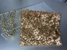 Vintage Gold Floral Beaded Evening Bag Purse Mini Small Zip Beaded Strap