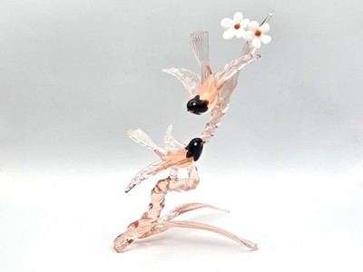 Vintage Murano Stil Glas Vogel Skulptur, rosa Blütenbaum, zwei Vögel