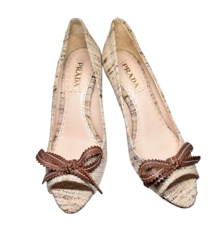 995 $ PRADA TWEED BEIGE BRAUN KORK KEILABSATZ PEEPTOE SCHUHE MIT LEDERSCHLEIFE 39 - Bild 1 von 9