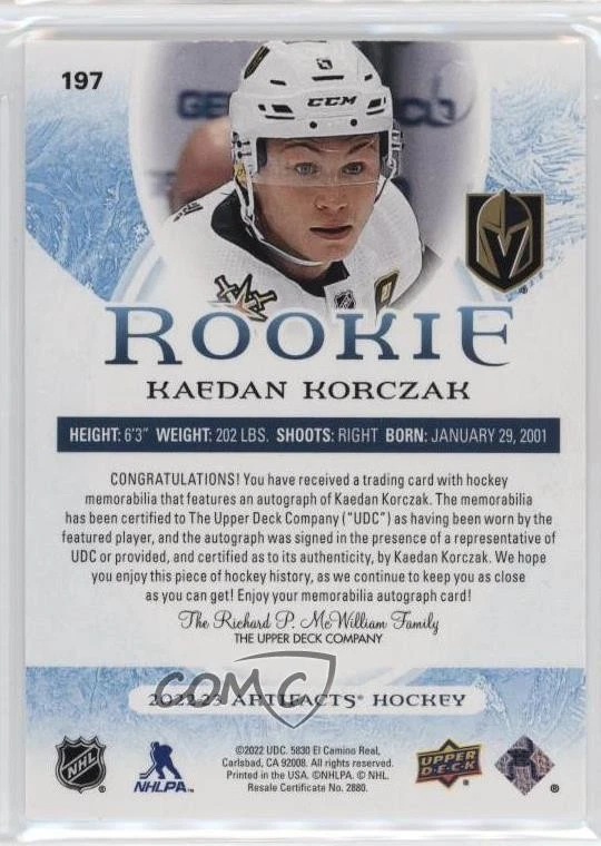 2022 Artifacts Rookies Gold Material Relics /149 Kaedan Korczak Rookie Auto RC - Image 2 of 2