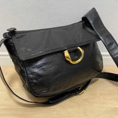 Loewe Anagram Logo Leather Shoulder Crossbody Bag Black Gold Authentic