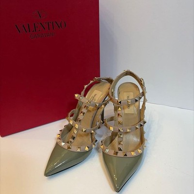 VALENTINO GARAVANI Women Rockstud Strap Pumps Leather High Heel Size 36 Green
