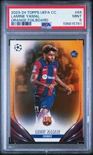 2023-24 TOPPS UEFA CLUB COMPETITIONS ORANGE FOILBOARD LAMINE YAMAL 15/25 PSA 9