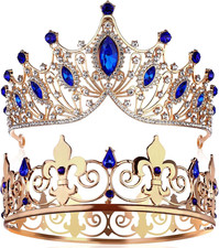 2 Pcs King and Queen Crowns Set King Crowns for Men Royal Crown with Blue Rhines
