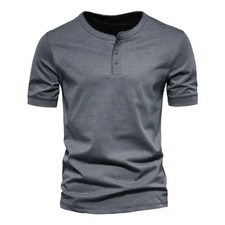New Mens Henley Grandad Solid T Shirts Tee Summer Short Sleeve Casual Loose Tops