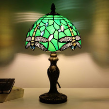 Tiffany Table Lamp Dragonfly Style Green Stained Glass Accent Lamp Bronze Resin