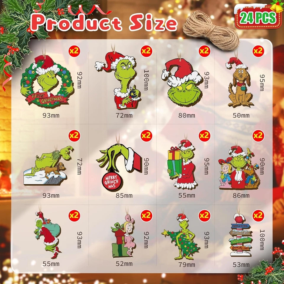 24 PIEZAS Adornos de Árbol de Navidad Grinch, Colgantes Decoraciones de Madera Grinch de Navidad Foto 3 de 4