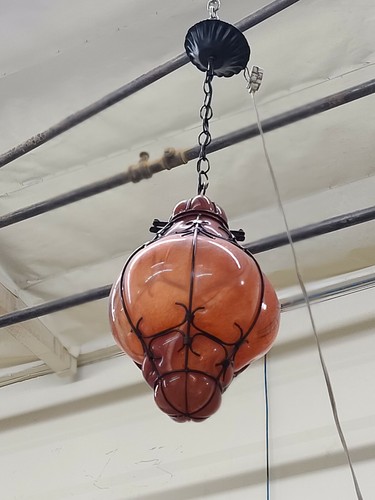 Handcrafted Wrought Iron & Glass Ceiling Lamp Green Hand Blown Small #S - Picture 8 of 12