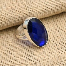 Lab-Created Blue Sapphire Gemstone Handmade 925 Sterling Silver Jewelry Ring