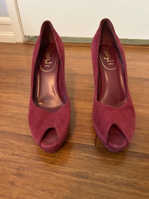 YSL Yves Saint Laurent Rive Gauche Open Toe Pumps Burgundy Size 39.5