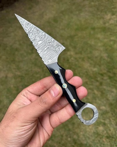 Handmade Fire Damascus Steel Tracker Knife Bull Horn Handle With Leather Sheath - Picture 6 of 7