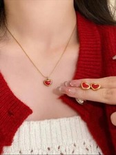 Stainless Steel Set Stud Earring And Pendant Necklace Heart Gold And Red